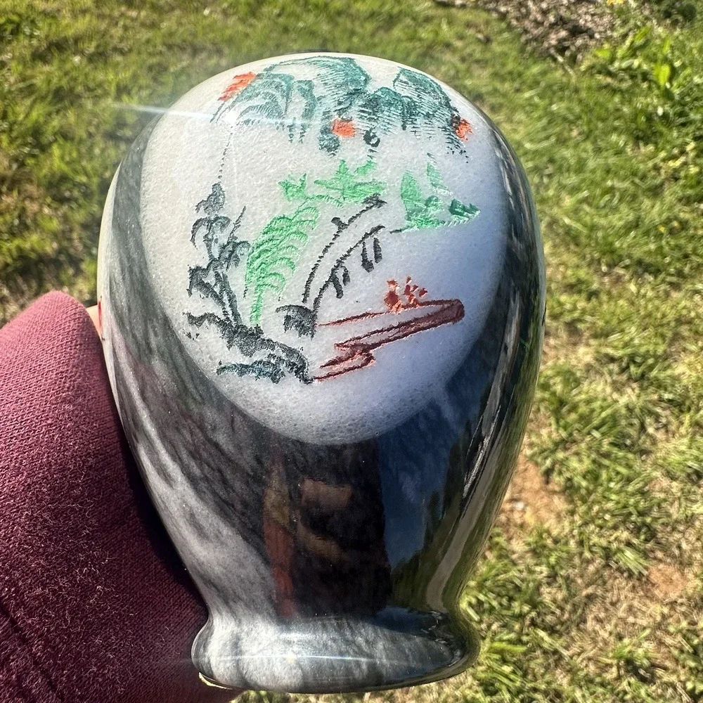 Vintage Chinese Marble Stone Carved Painted Landscape Crane Artwork Flowers Vase